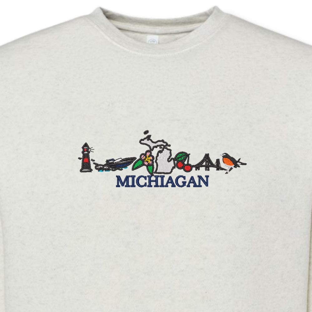 Michigan Icons Embroidered Crewneck Sweatshirt Close Up