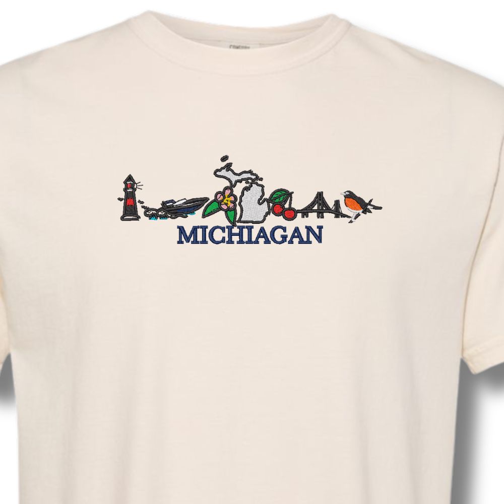Michigan Icons Embroidered T-Shirt Close Up