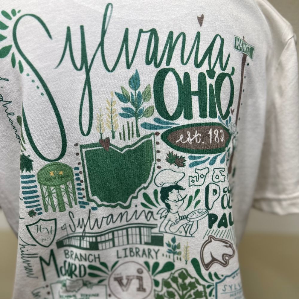 close up of sylvania landmarks design on a t-shirt