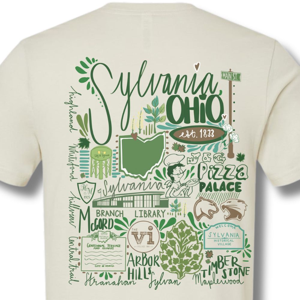 green collage of sylvania landarks on a tshirt