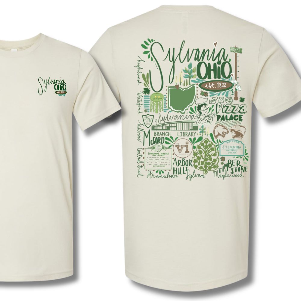 front and back view of sylvania collage t-shirt