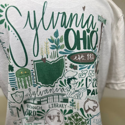 close up of sylvania landmarks design on a t-shirt